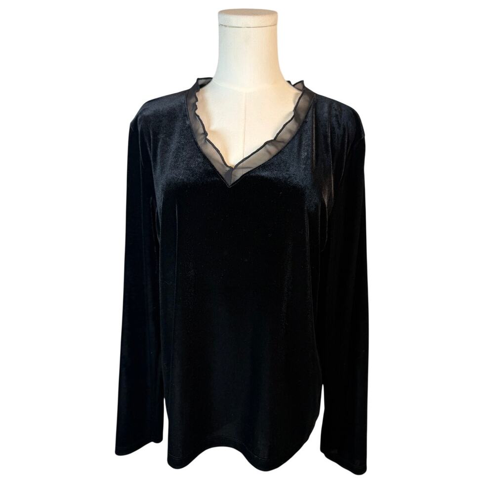 Lauren Ralph Lauren Black Velvet Ruffle Top Medium Soft Girl Whimsigoth Romantic